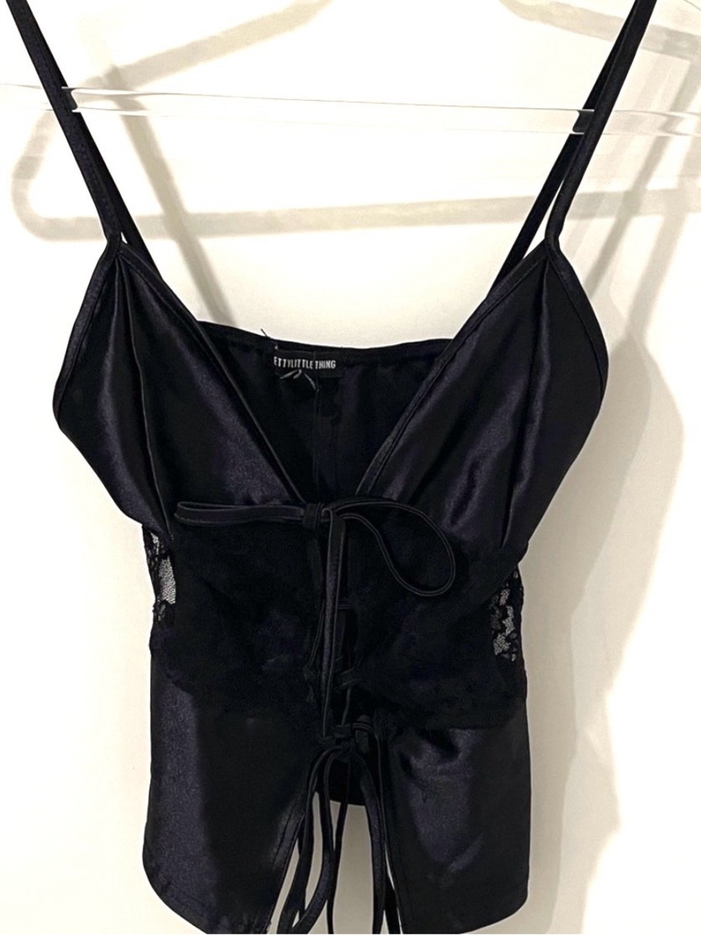 PrettyLittleThing Black Satin Lace-Up Cami Top Size Small/4